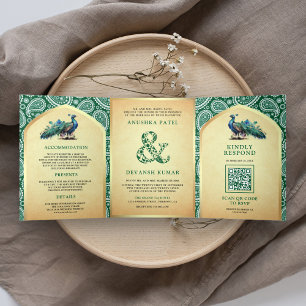 Convite Com Dobra Tripla Casamento do Código QR da Pavão Indiana Verde