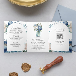 Convite Com Dobra Tripla Casamento do Código QR de Mason Jar, Peony Azul e 
