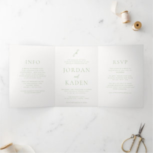 Convite Com Dobra Tripla Casamento do Monograma do Script Verde Elegante Sa