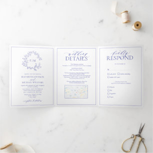 Convite Com Dobra Tripla Casamento do Periwinkle Leafy Crest Monograma
