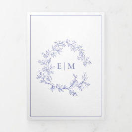 Convite Com Dobra Tripla Casamento do Periwinkle Leafy Crest Monograma