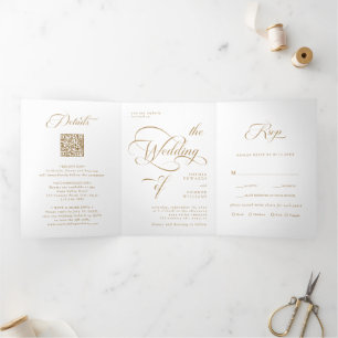 Convite Com Dobra Tripla Casamento Dourado de Caligrafia Elegante
