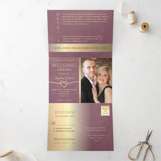 Convite Com Dobra Tripla Casamento Dourado de Mauve Purple (Dentro)