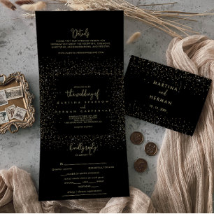 Convite Com Dobra Tripla Casamento Dourado de Rico de Caligrafia Confetti
