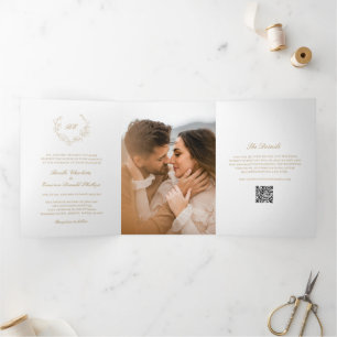 Convite Com Dobra Tripla Casamento Dourado monograma QR Código Elegante