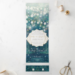 Convite Com Dobra Tripla Casamento Dourado Russo Azul Floresta Chic