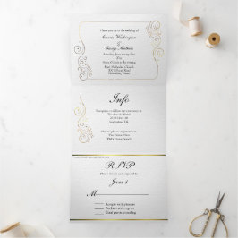 Convite Com Dobra Tripla Casamento Dourado sofisticado e luxuoso