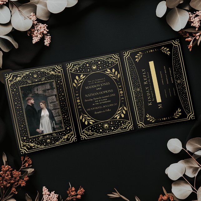 Convite Com Dobra Tripla Casamento Dourado Vintage Tarot Gothic (Criador carregado)