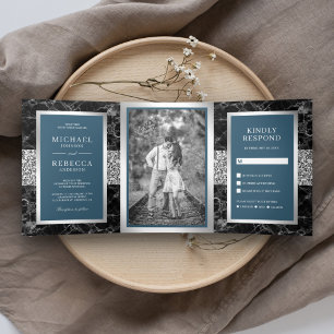 Convite Com Dobra Tripla Casamento Dusty Blue com Glitter Prata Mármore