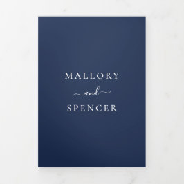 Convite Com Dobra Tripla Casamento Elegante Azul-Marinho Tradicional