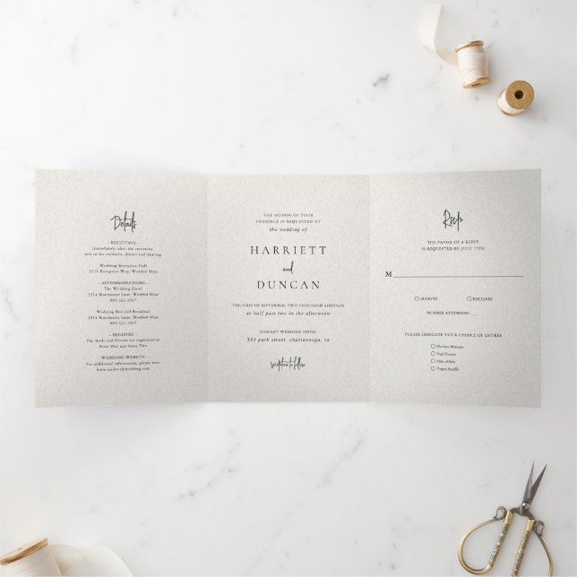 Convite Com Dobra Tripla Casamento Elegante Bege Atemporal (Dentro)