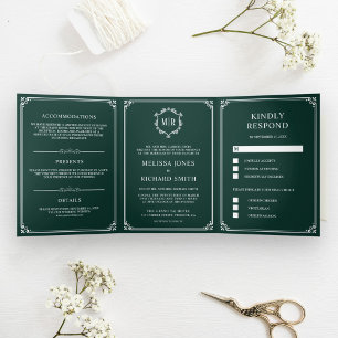 Convite Com Dobra Tripla Casamento Elegante Clássico com Monograma Verde Es