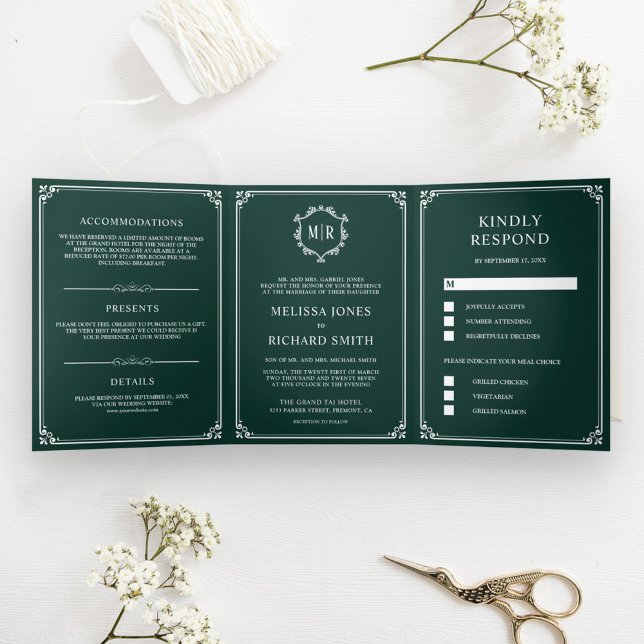 Convite Com Dobra Tripla Casamento Elegante Clássico com Monograma Verde Es (Criador carregado)