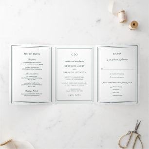 Convite Com Dobra Tripla Casamento Elegante Clássico Emerald Verde