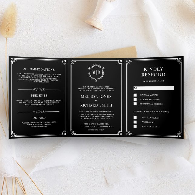 Convite Com Dobra Tripla Casamento Elegante Clássico Preto Monograma (Criador carregado)