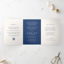 Convite Com Dobra Tripla Casamento Elegante Código QR Azul Marinho Clássico