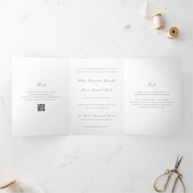 Convite Com Dobra Tripla Casamento Elegante Código QR Azul Marinho Limpo (Dentro)