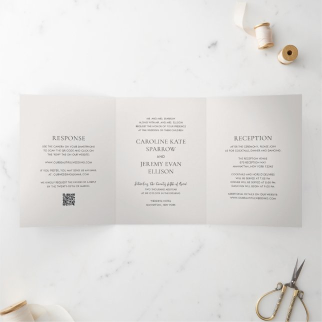 Convite Com Dobra Tripla Casamento Elegante Código QR Neutro e Limpo (Dentro)