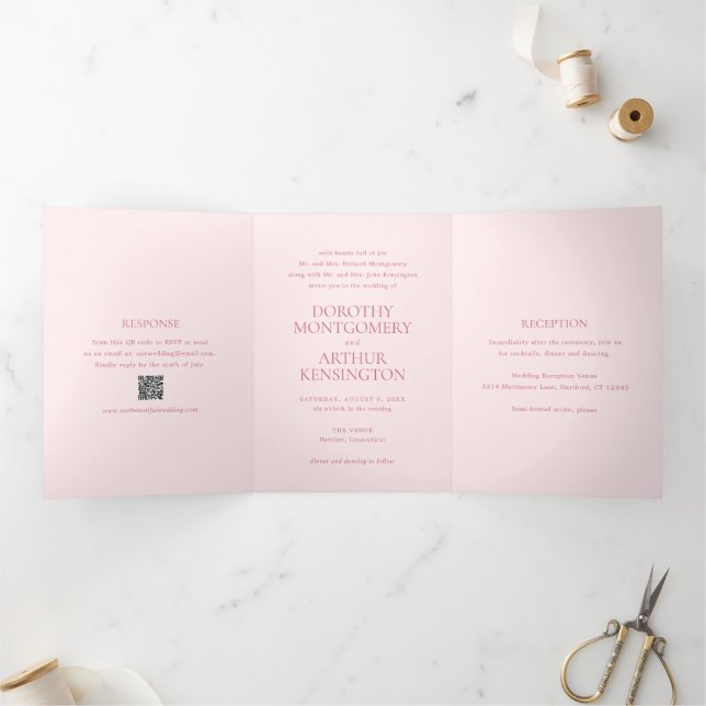 Convite Com Dobra Tripla Casamento Elegante Código QR Rosa Moderno (Dentro)