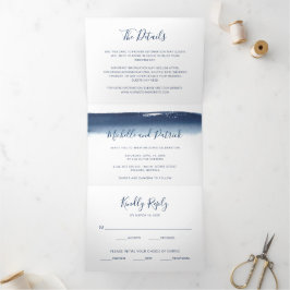 Convite Com Dobra Tripla Casamento Elegante com Aquarela Azul-Marinho Moder