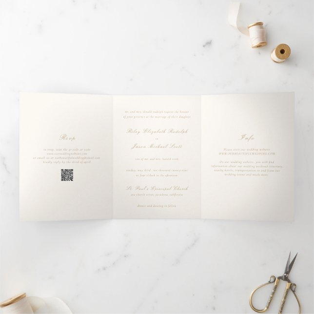 Convite Com Dobra Tripla Casamento elegante com código QR limpo e Dourado (Dentro)