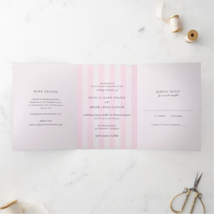 Convite Com Dobra Tripla Casamento Elegante com Listras Rosa Modernas