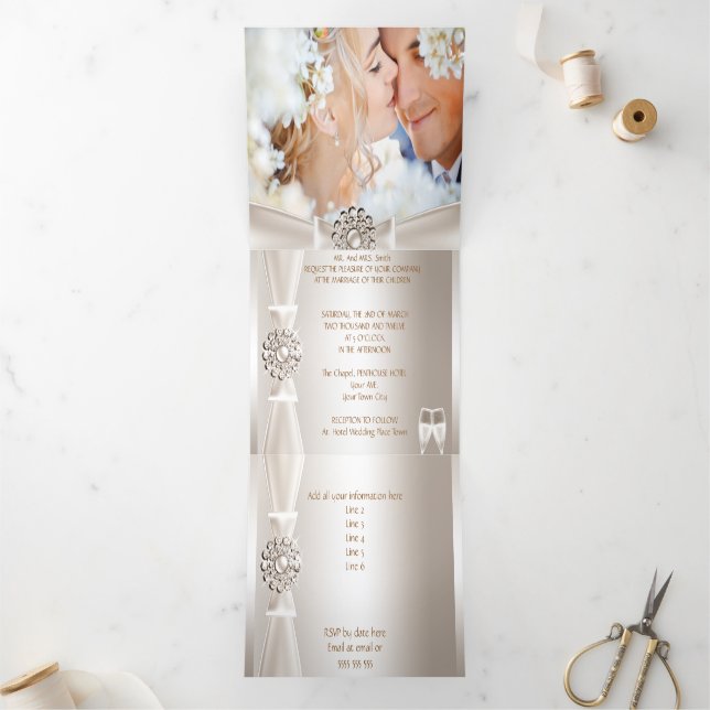 Convite Com Dobra Tripla Casamento Elegante Damask Creme Branco Champanhe 3 (Dentro)