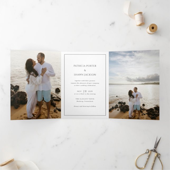 Convite Com Dobra Tripla Casamento elegante de código QR preto e branco sim (Dentro)