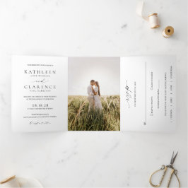 Convite Com Dobra Tripla Casamento Elegante de Foto Branco e Preto Clássico