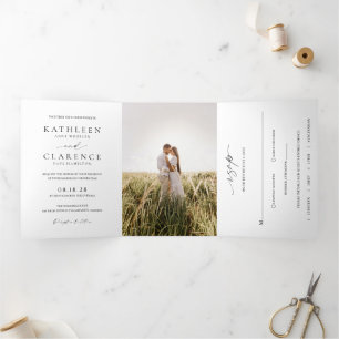 Convite Com Dobra Tripla Casamento Elegante de Foto Branco e Preto Clássico