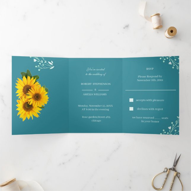 Convite Com Dobra Tripla Casamento Elegante De Girassol (Dentro)