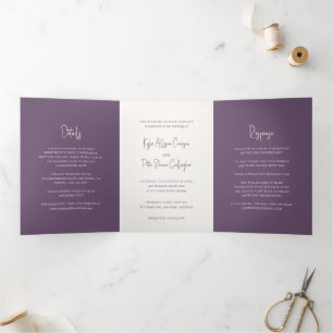 Convite Com Dobra Tripla Casamento Elegante de Script Manuscrito Roxo Moder