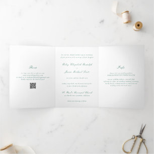 Convite Com Dobra Tripla Casamento elegante do Código QR Verde Emerald