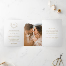 Convite Com Dobra Tripla Casamento Elegante Dourado Wreath Monograma