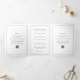 Convite Com Dobra Tripla Casamento Elegante em Preto e Branco com QR Code A