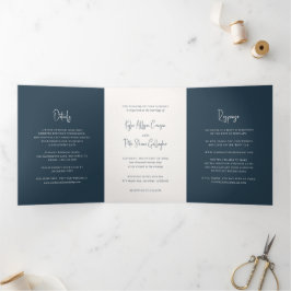 Convite Com Dobra Tripla Casamento Elegante Escrito à Mão em Cinza Moderno