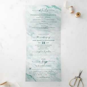 Convite Com Dobra Tripla Casamento Elegante Esmeralda Verde Metálico Mármor