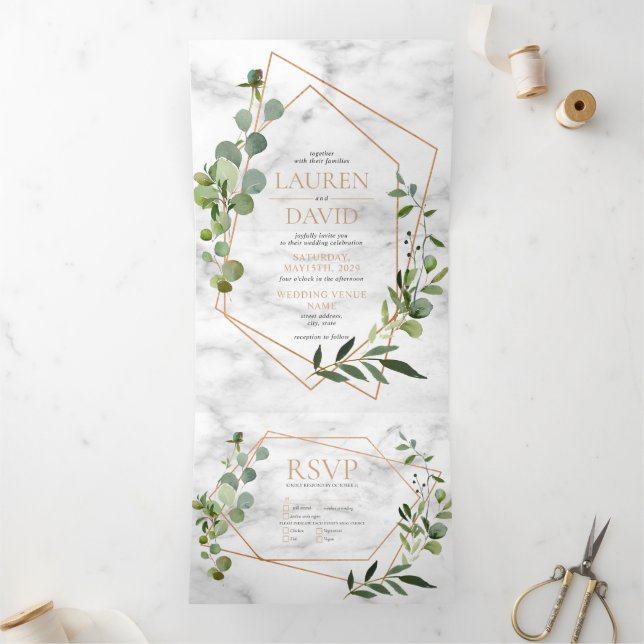 Convite Com Dobra Tripla Casamento Elegante Eucalyptus Marble Geométrico de (Dentro)