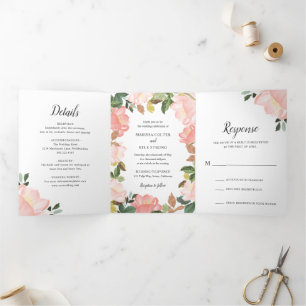 Convite Com Dobra Tripla Casamento Elegante Floral Cor-de-Rosa-Blush Modern
