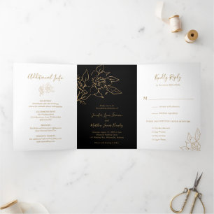 Convite Com Dobra Tripla Casamento Elegante Floral de Arte LIne Preta e Dou
