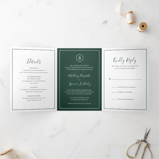 Convite Com Dobra Tripla Casamento Elegante Floresta Verde Tradicional (Dentro)