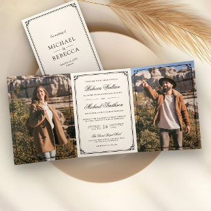 Convite Com Dobra Tripla Casamento Elegante Minimalista com Código QR Creme