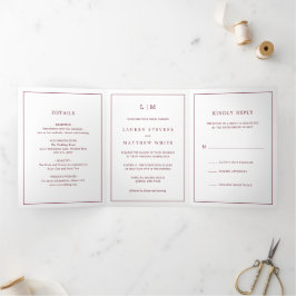 Convite Com Dobra Tripla Casamento Elegante Monograma Simples Borgonha