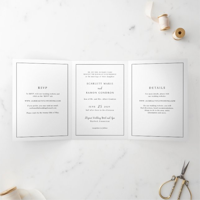 Convite Com Dobra Tripla Casamento Elegante Preto e Branco Atemporal (Dentro)