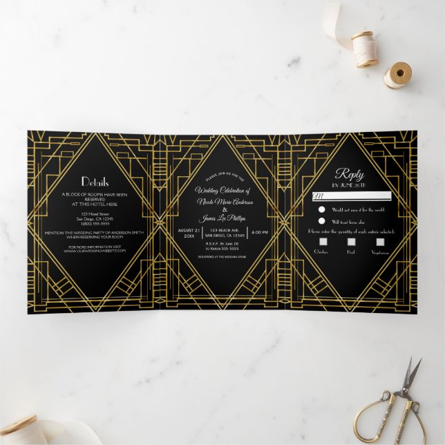 Convite Com Dobra Tripla Casamento Elegante Trifold Deco Preto Dourado 20's (Dentro)