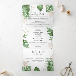 Convite Com Dobra Tripla Casamento Elegante Tropical de Praia com Folhagem