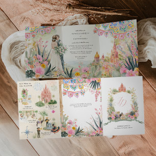 Convite Com Dobra Tripla Casamento em Aquarela de San Miguel de Allende