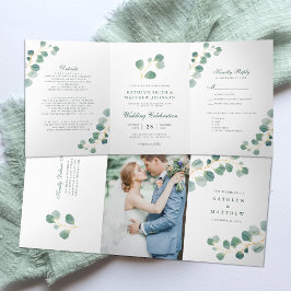 Convite Com Dobra Tripla Casamento em Aquarela de Vegetação de Eucalipto El