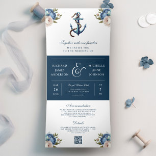 Convite Com Dobra Tripla Casamento em Código QR Floral Âncora Azul Marinho