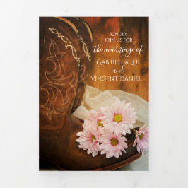 Convite Com Dobra Tripla Casamento entre Daisies e Cowboy Boots no Oeste
